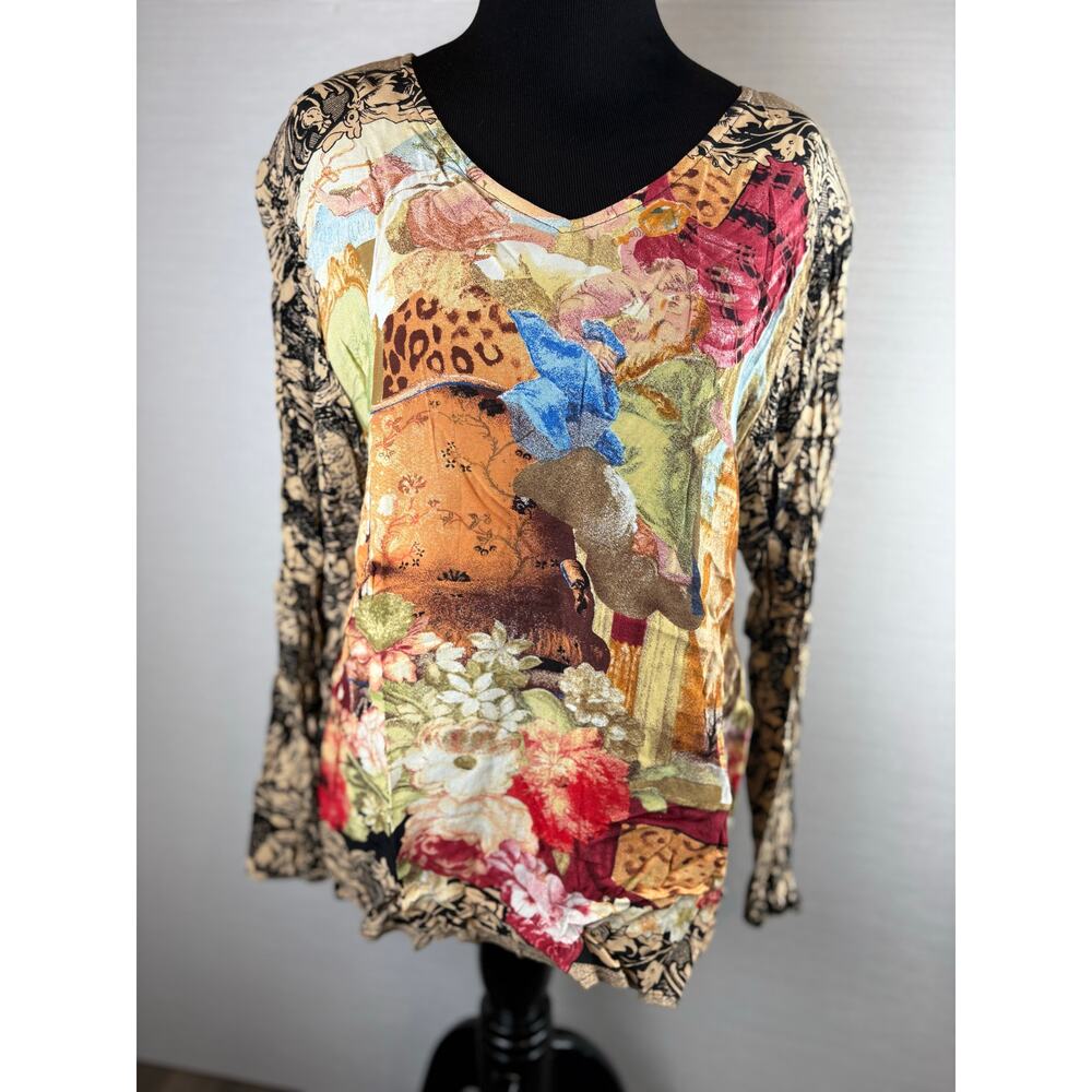Vintage Carole Little Petites baroque cherub floral dress shirt women's size 10